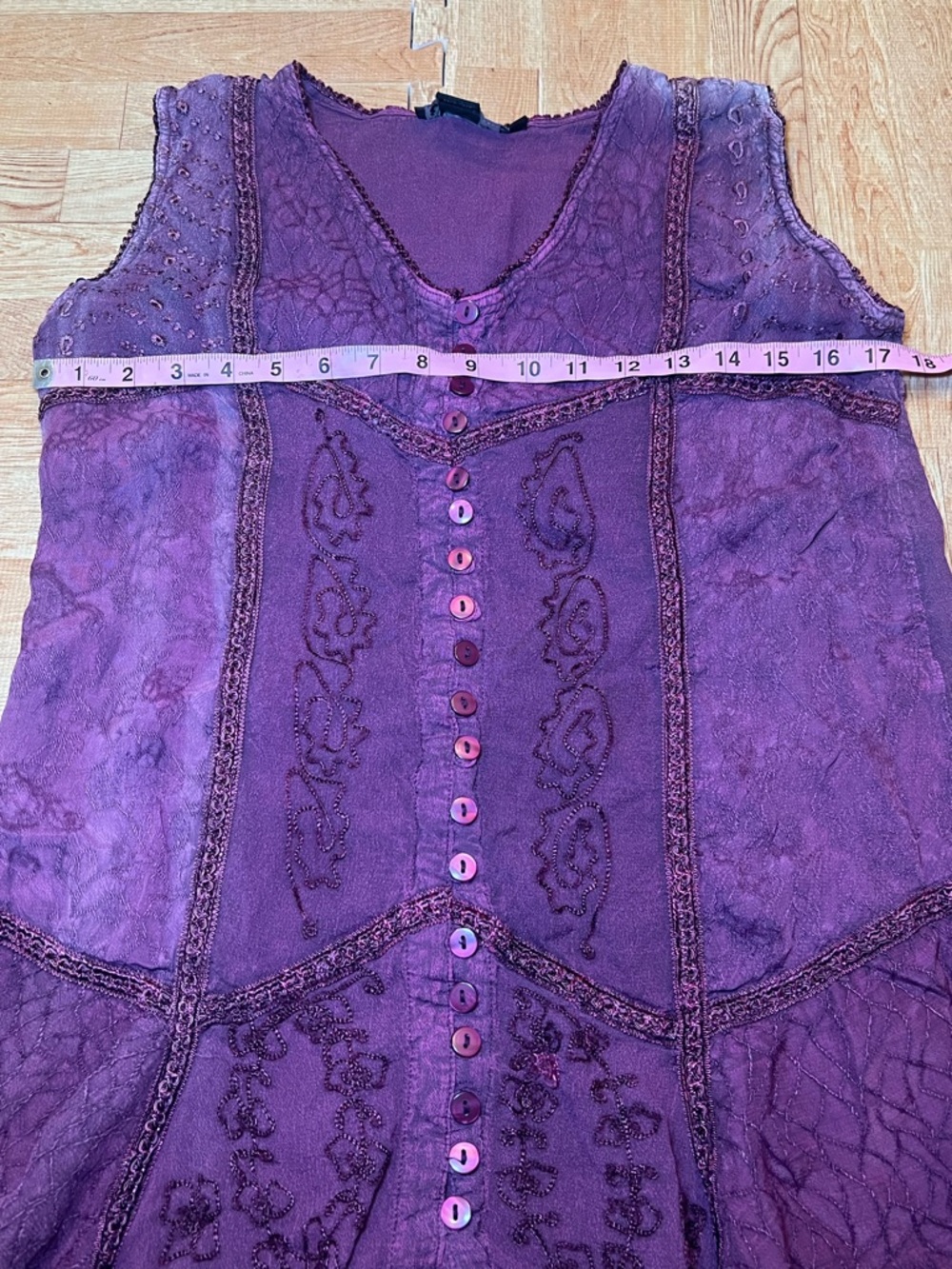 Flower Purple Boho Tunic Top L Embroidered Button Front Flowy Rayon - Picture 4 of 7